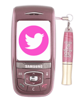 A metallic pink samsung phone from potentially the early 2000's featuring a pink twitter icon.