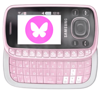 A pastel pink samsung flip phone with a keyboard from the 2000's featuring a pink bsky icon.