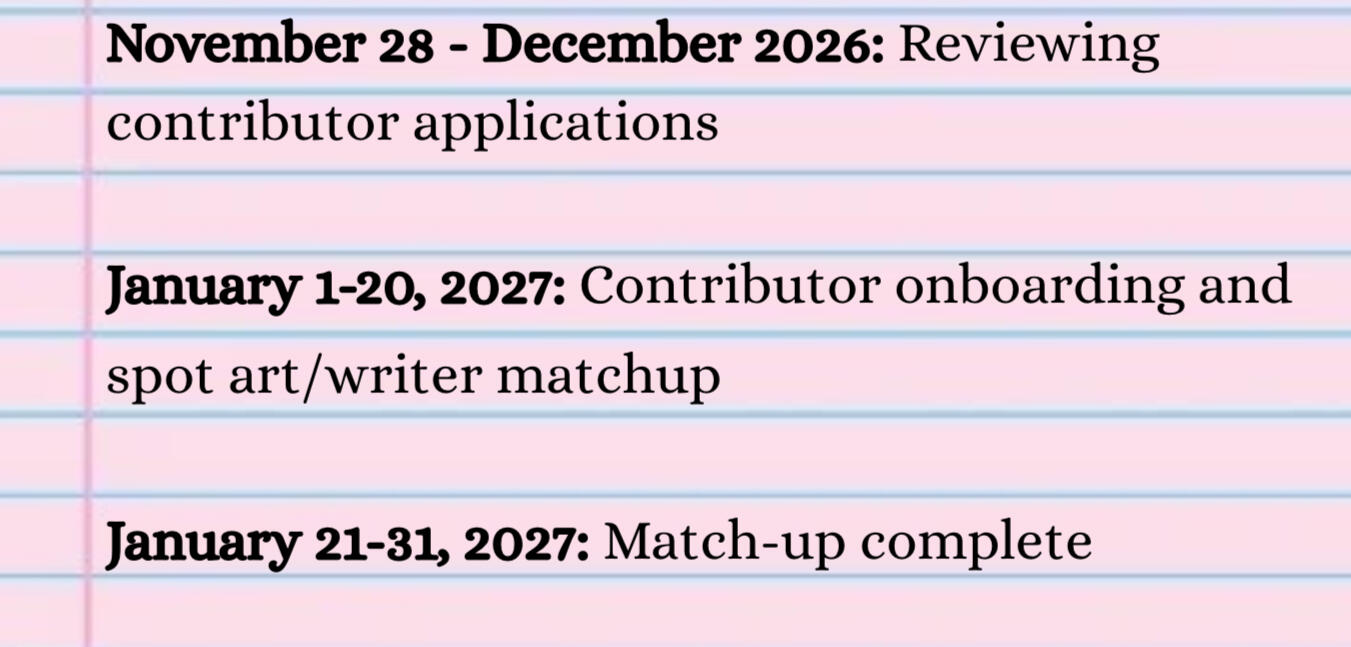 November 28- December 2026: Reviewing contributor applications January 1-20, 2027: Contributor onboarding and spot art/writer matchup January 21-31, 2027: Match-up complete